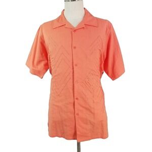Protege shirt men's large Peach Orange short sleeve linen embroidered Hawaiian